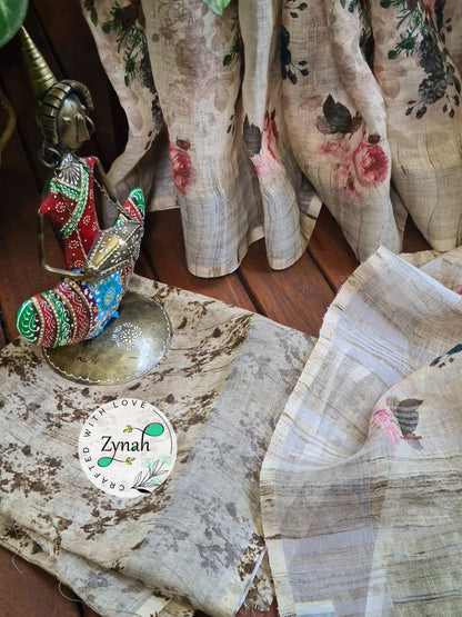 Zynah Off-white Color Organic Pure Linen by Linen(120c) Saree with Digital Floral Prints & Zari Border; Custom Stitched/Ready-made Blouse, Fall, Petticoat; Shipping available USA, Worldwide