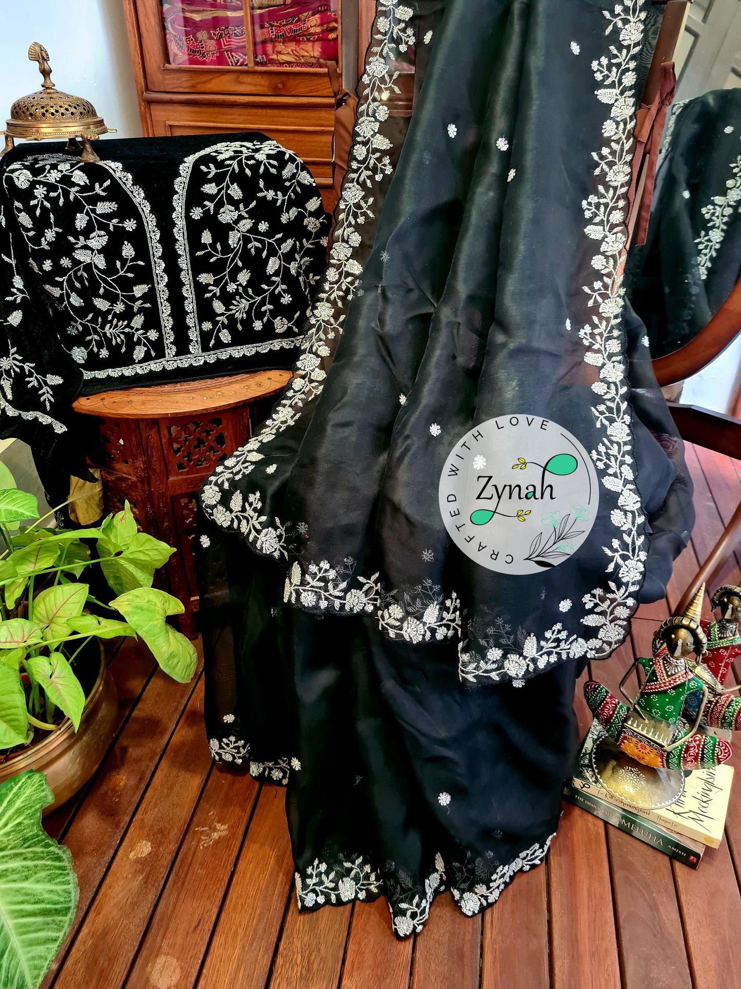 Zynah Black Color Pure Organza Silk Saree with Sequence & Cut-dana Work; Custom Stitched/Ready-made Blouse, Fall, Petticoat; Shipping available USA, Worldwide