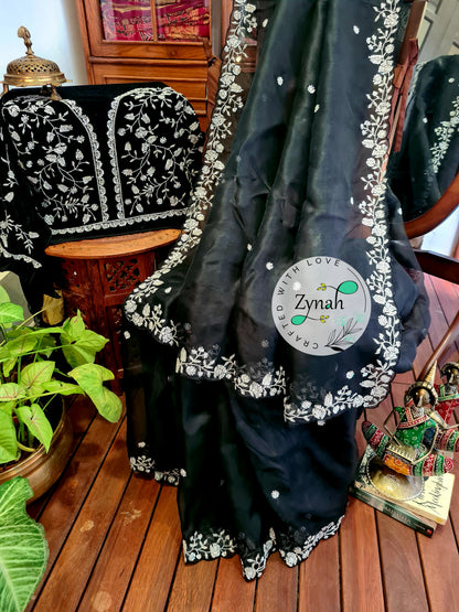 Zynah Black Color Pure Organza Silk Saree with Sequence & Cut-dana Work; Custom Stitched/Ready-made Blouse, Fall, Petticoat; Shipping available USA, Worldwide