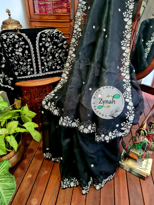 Zynah Black Color Pure Organza Silk Saree with Sequence & Cut-dana Work; Custom Stitched/Ready-made Blouse, Fall, Petticoat; Shipping available USA, Worldwide