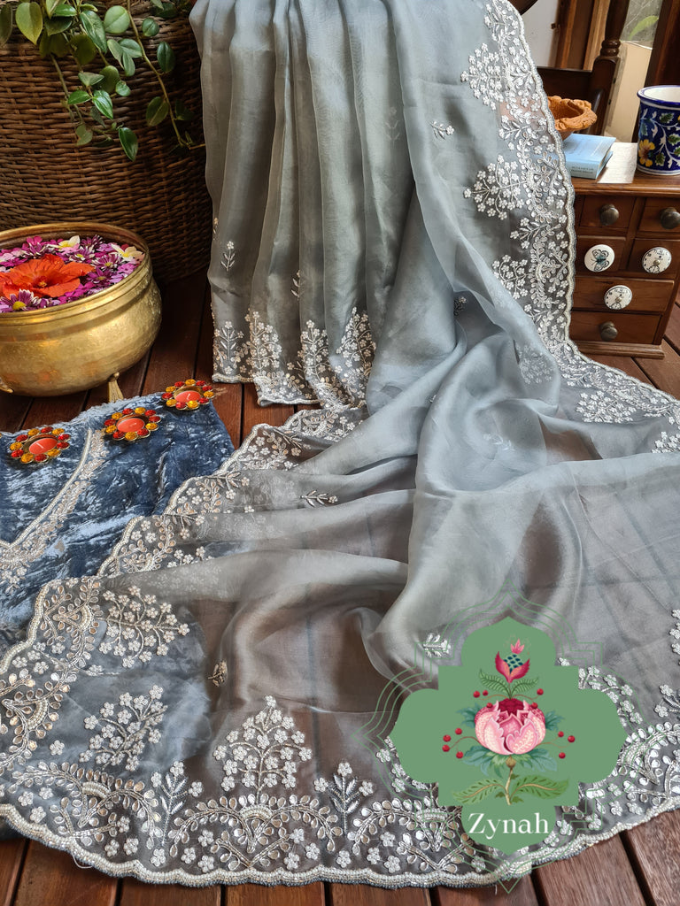 Zynah Grey Color Organza Silk Saree with Cut-dana Work, Pearls, Beads, Gotapatti Work; Custom Stitched/Ready-made Blouse, Fall, Petticoat; Shipping available USA, Worldwide