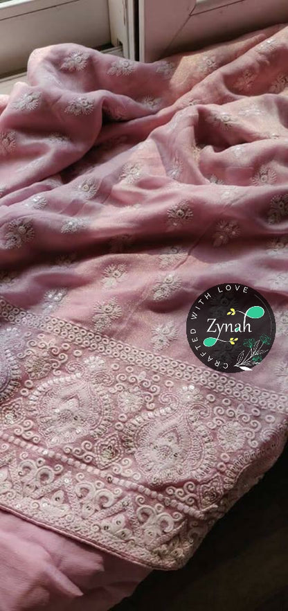 Zynah Pure Georgette Saree with Chikankari & Sequence work; Custom Stitched/Ready-made Blouse, Fall, Petticoat; Shipping available USA, Worldwide