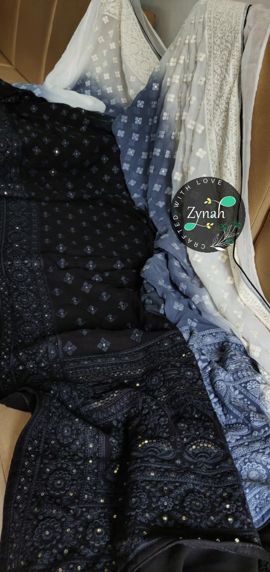 Zynah Pure Georgette Double-shaded Chikankari Saree with Sequence work; Custom Stitched/Ready-made Blouse, Fall, Petticoat; Shipping available USA, Worldwide