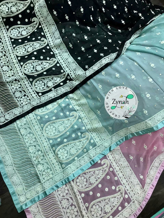 Zynah Pure Georgette Chikankari Saree with Sequence work; Custom Stitched/Ready-made Blouse, Fall, Petticoat; Shipping available USA, Worldwide
