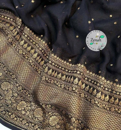 Zynah Pure Khaddi Georgette Saree with Golden Zari Weave; Custom Stitched/Ready-made Blouse, Fall, Petticoat; Shipping available USA, Worldwide
