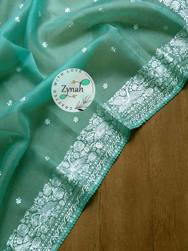 Zynah Pure Organza Silk Saree with Parsi Gara Embroidery & Crochet Lace; Custom Stitched/Ready-made Blouse, Fall, Petticoat; Shipping available USA, Worldwide