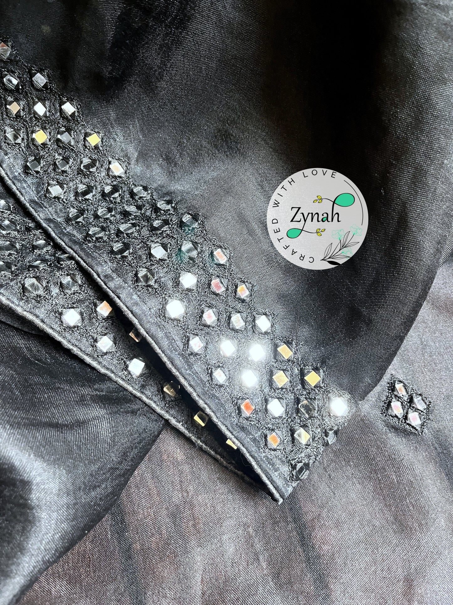 Zynah Pure Organza Silk Saree with Mirror Kutchi Work; Custom Stitched/Ready-made Blouse, Fall, Petticoat; Shipping available USA, Worldwide