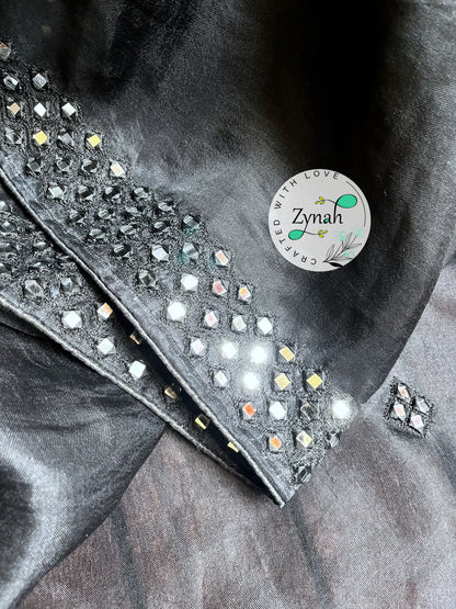 Zynah Pure Organza Silk Saree with Mirror Kutchi Work; Custom Stitched/Ready-made Blouse, Fall, Petticoat; Shipping available USA, Worldwide