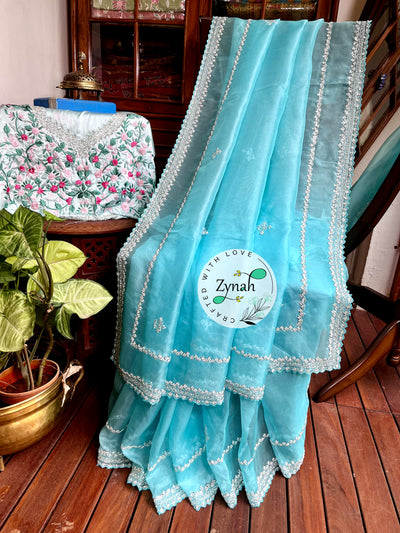 Zynah Light Blue Color Pure Organza Silk Saree with Sequence, Pearls & Cut-dana Work; Custom Stitched/Ready-made Blouse, Fall, Petticoat; Shipping available USA, Worldwide