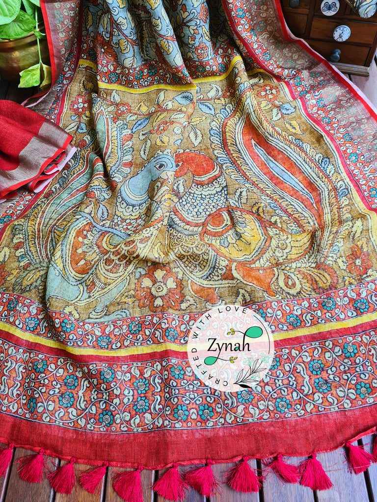 Zynah Blue Color Kalamkari Organic Lab Tested 120 Count pure 'Linen by Linen' Saree; Custom Stitched/Ready-made Blouse, Fall, Petticoat; Shipping available USA, Worldwide
