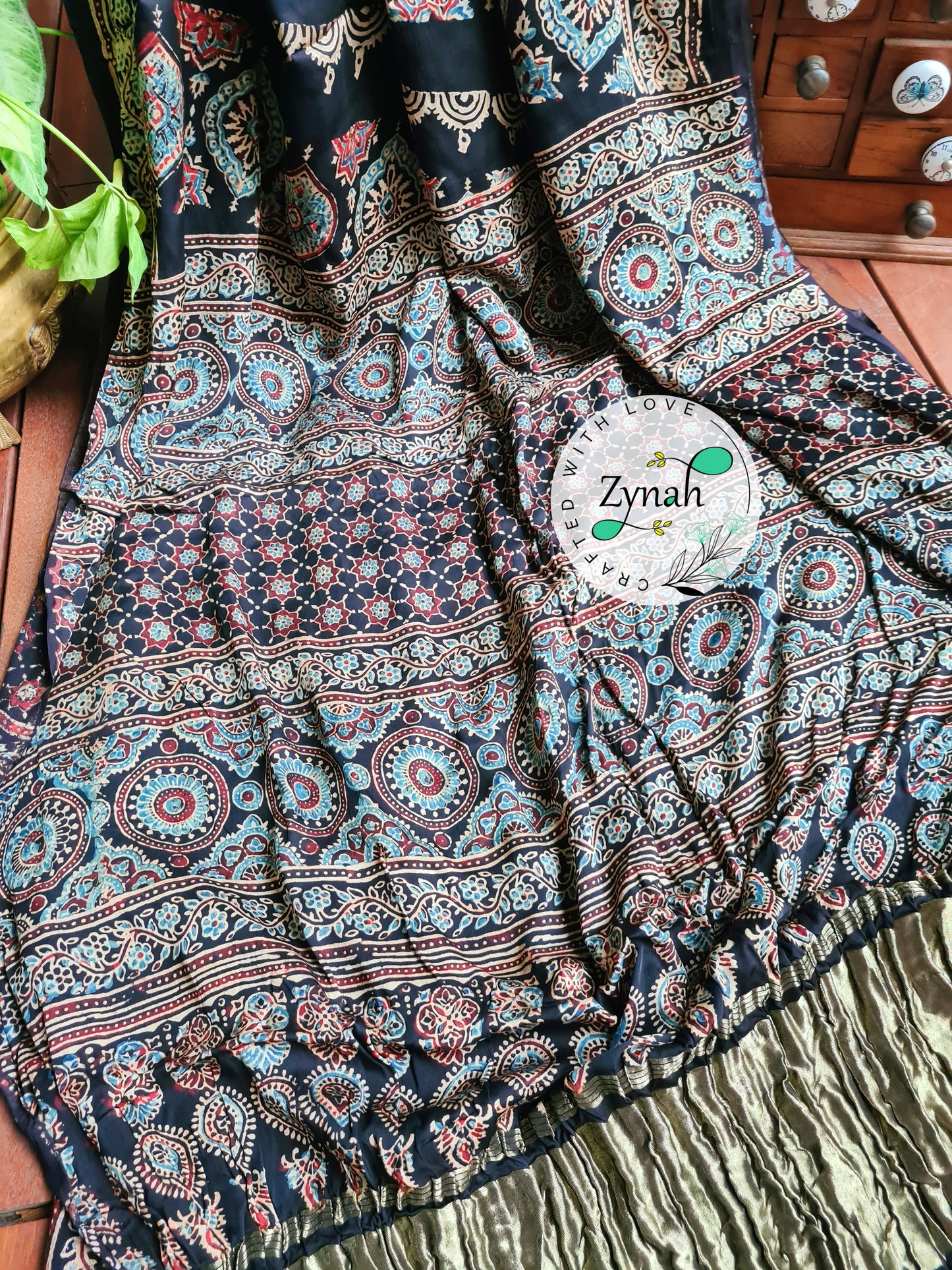 Zynah Black Color Pure Modal Silk Ajrakh Saree with Handblock Prints; Custom Stitched/Ready-made Blouse, Fall, Petticoat; Shipping available USA, Worldwide