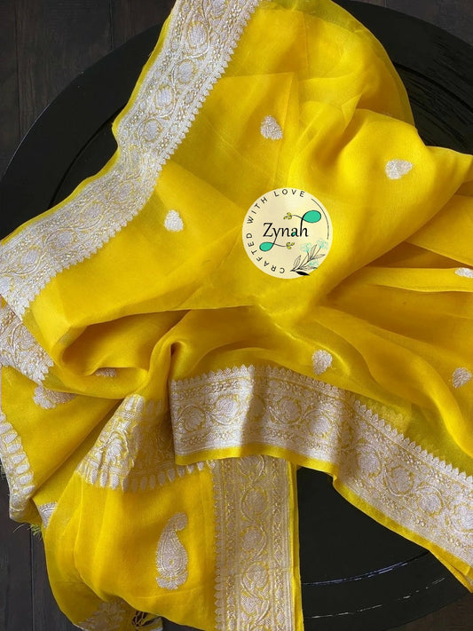 Zynah Pure Banarasi Handloom Khaddi Georgette Saree with Zari Border & Butis; Custom Stitched/Ready-made Blouse, Fall, Petticoat; Shipping available USA, Worldwide