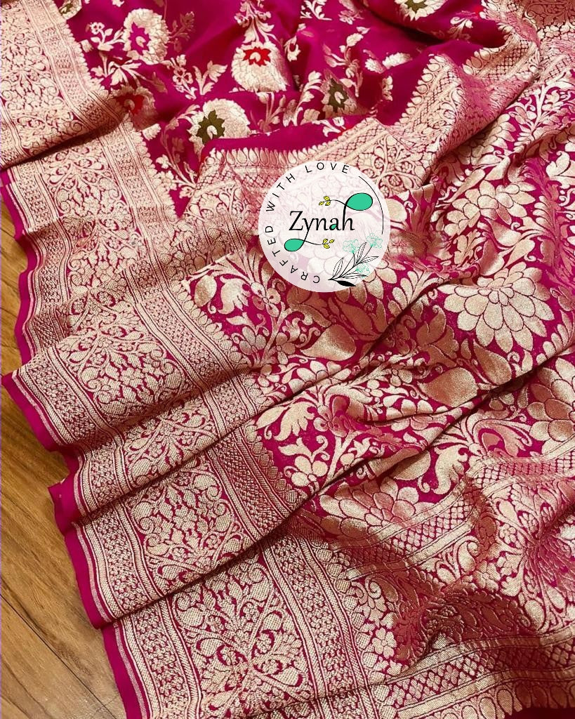 Zynah Pink Color Pure Khaddi Georgette Banarasi Saree with Golden Zari & Meenakari Weaved Motifs; Custom Stitched/Ready-made Blouse, Fall, Petticoat; Shipping available USA, Worldwide