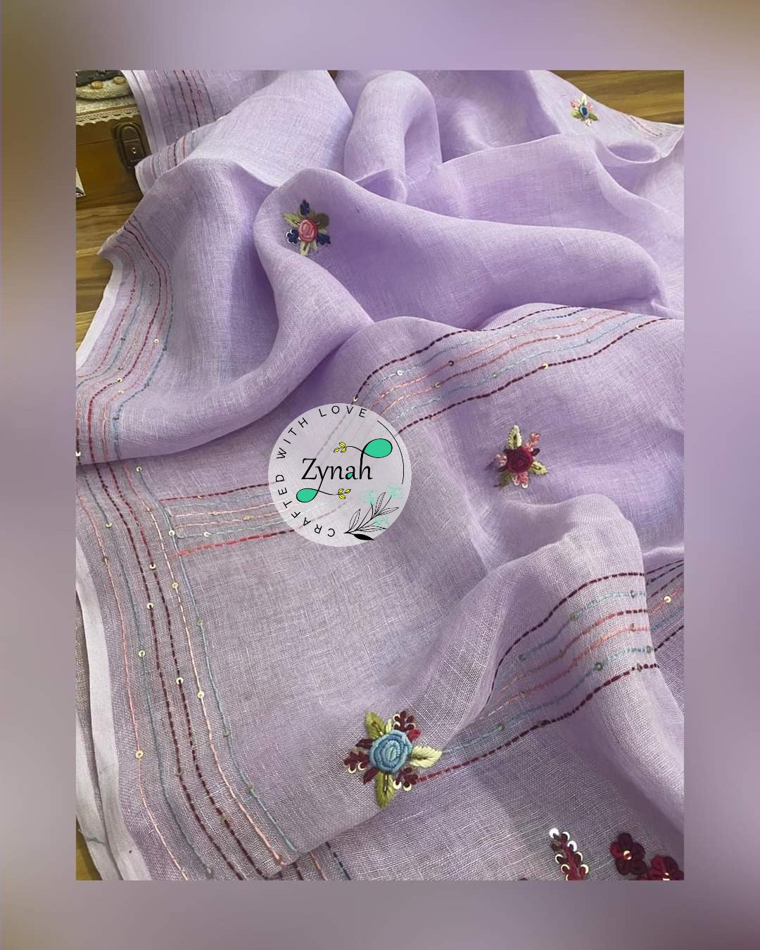 Zynah Pure Linen(120c) Handcrafted Saree with French Knot Hand Embroidery; Custom Stitched/Ready-made Blouse, Fall, Petticoat; Shipping available USA, Worldwide