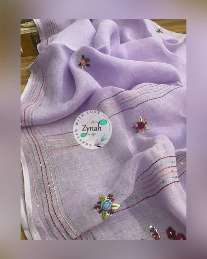 Zynah Pure Linen(120c) Handcrafted Saree with French Knot Hand Embroidery; Custom Stitched/Ready-made Blouse, Fall, Petticoat; Shipping available USA, Worldwide