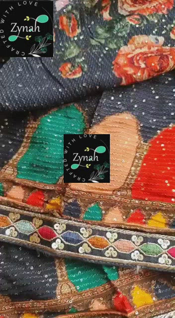 Zynah Pure Georgette Saree with Sabyasachi Inspiration, Digital Prints, Sequence & Hand-Embroidery Work; Custom Stitched/Ready-made Blouse, Fall, Petticoat; Shipping available USA, Worldwide