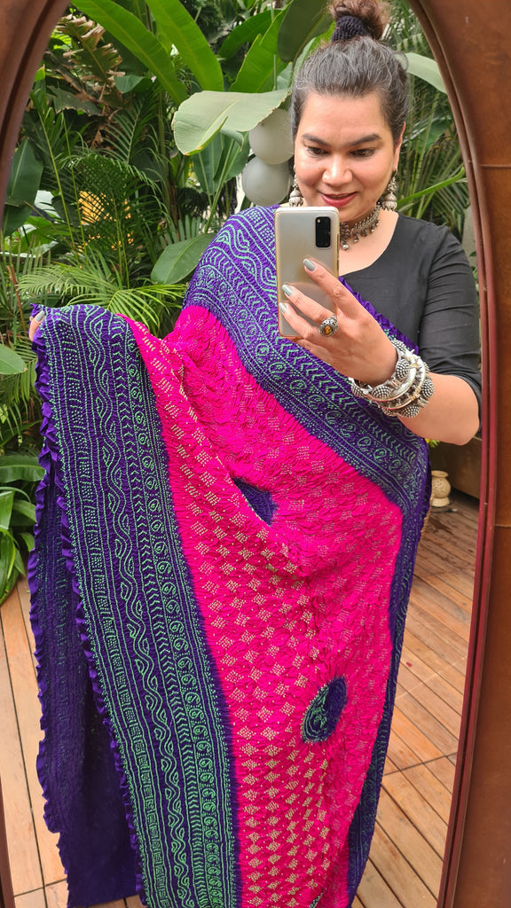 Zynah Pure Gajji Silk Designer Bandhani Saree with Trending Big Border; Custom Stitched/Ready-made Blouse, Fall, Petticoat; Shipping available USA, Worldwide