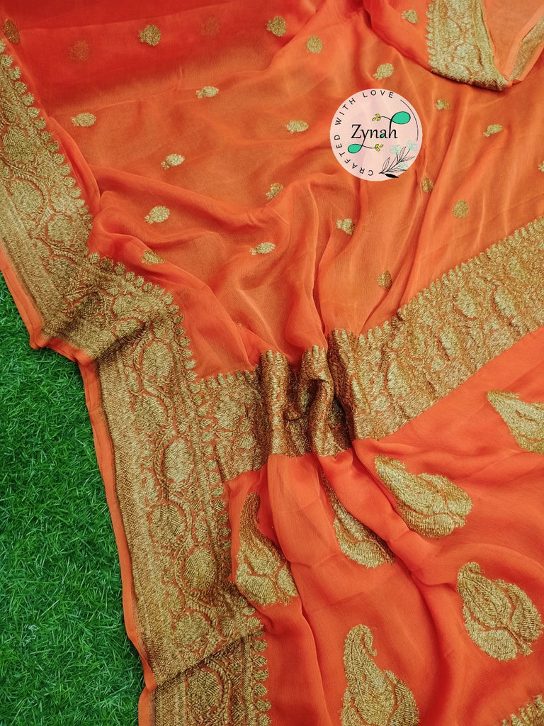 Zynah Pure Banarasi Handloom Khaddi Georgette Saree with Zari Border & Butis; Custom Stitched/Ready-made Blouse, Fall, Petticoat; Shipping available USA, Worldwide