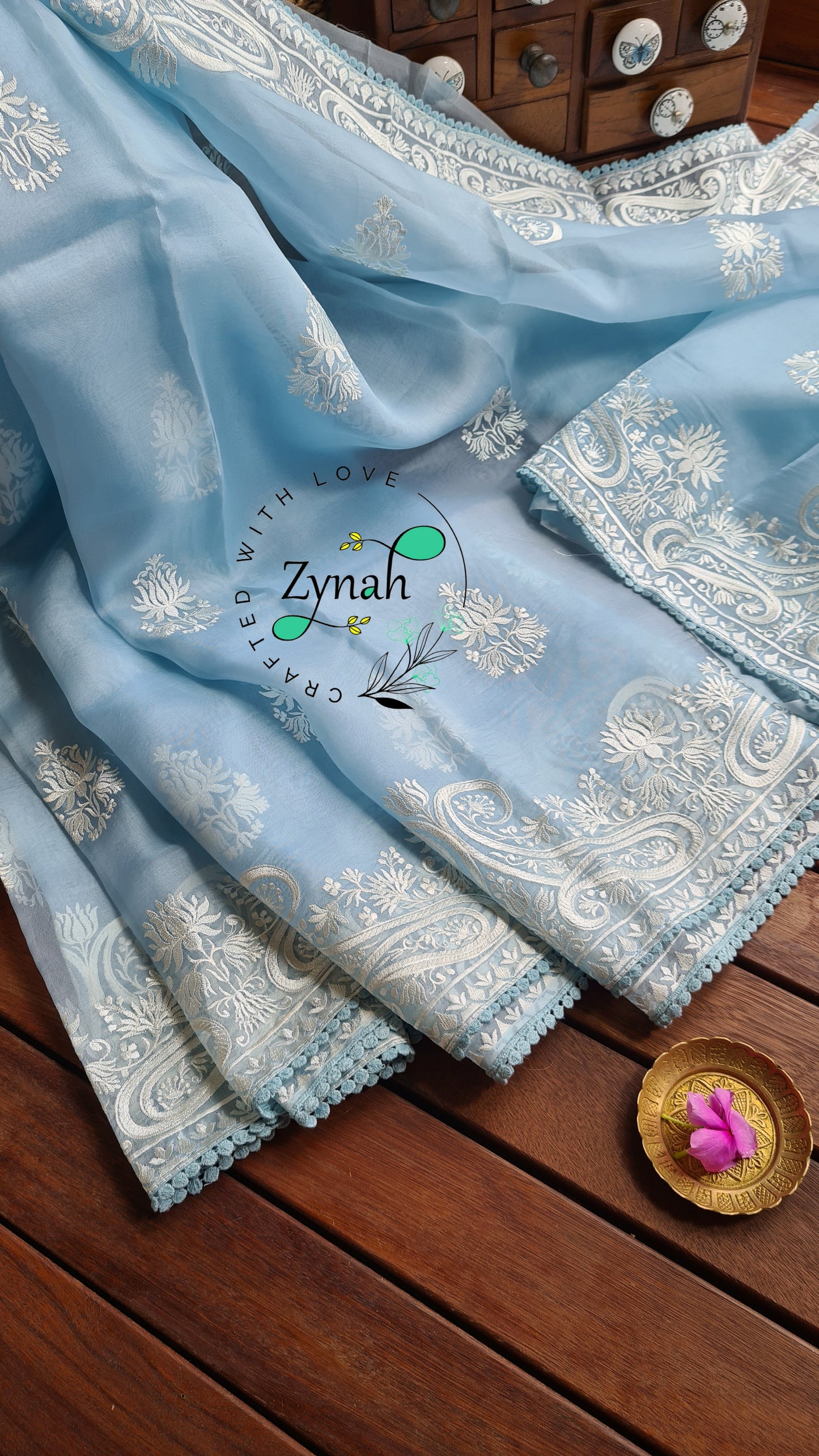 Zynah Pure Organza Silk Saree with Thread Embroidery & Crochet lace Border; Custom Stitched/Ready-made Blouse, Fall, Petticoat; Shipping available USA, Worldwide