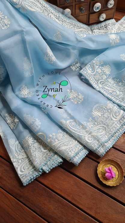 Zynah Pure Organza Silk Saree with Thread Embroidery & Crochet lace Border; Custom Stitched/Ready-made Blouse, Fall, Petticoat; Shipping available USA, Worldwide