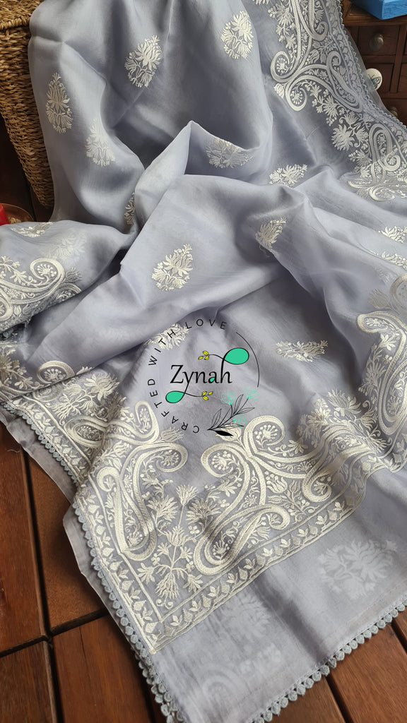 Zynah Pure Organza Silk Saree with Thread Embroidery & Crochet lace Border; Custom Stitched/Ready-made Blouse, Fall, Petticoat; Shipping available USA, Worldwide