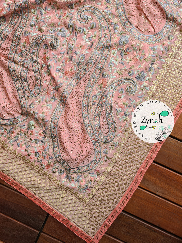 Zynah Pure Chinnon Georgette Kashmiri Kashida Inspired Saree with Hand-embellished Work; Custom Stitched/Ready-made Blouse, Fall, Petticoat; Shipping available USA, Worldwide
