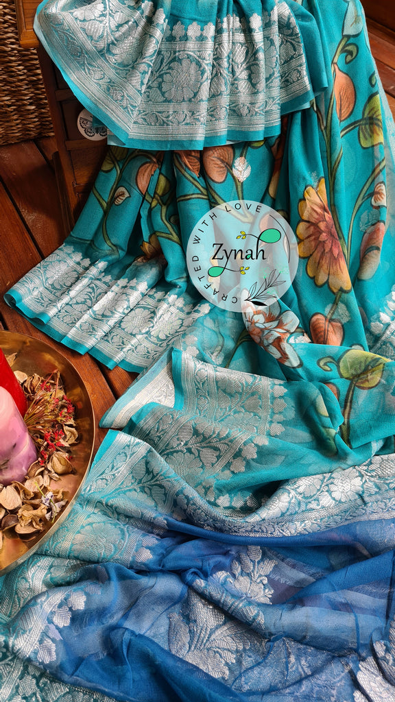 Zynah Pure Khaddi Chiffon Saree with Floral Prints & Silver Zari Weave; Custom Stitched/Ready-made Blouse, Fall, Petticoat; Shipping available USA, Worldwide