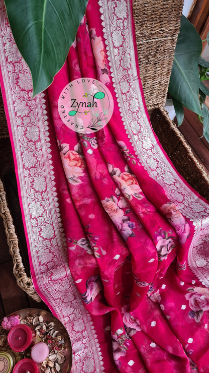 Zynah Pure Khaddi Chiffon Saree with Floral Prints & Silver Zari Weave; Custom Stitched/Ready-made Blouse, Fall, Petticoat; Shipping available USA, Worldwide