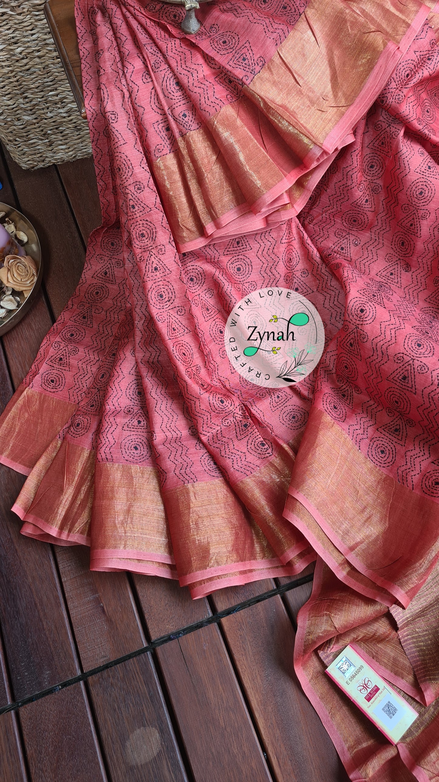 Zynah Handwoven Kantha Silk Saree, Zari Border; Custom Stitched/Ready-made Blouse, Fall, Petticoat; Shipping available USA, Worldwide