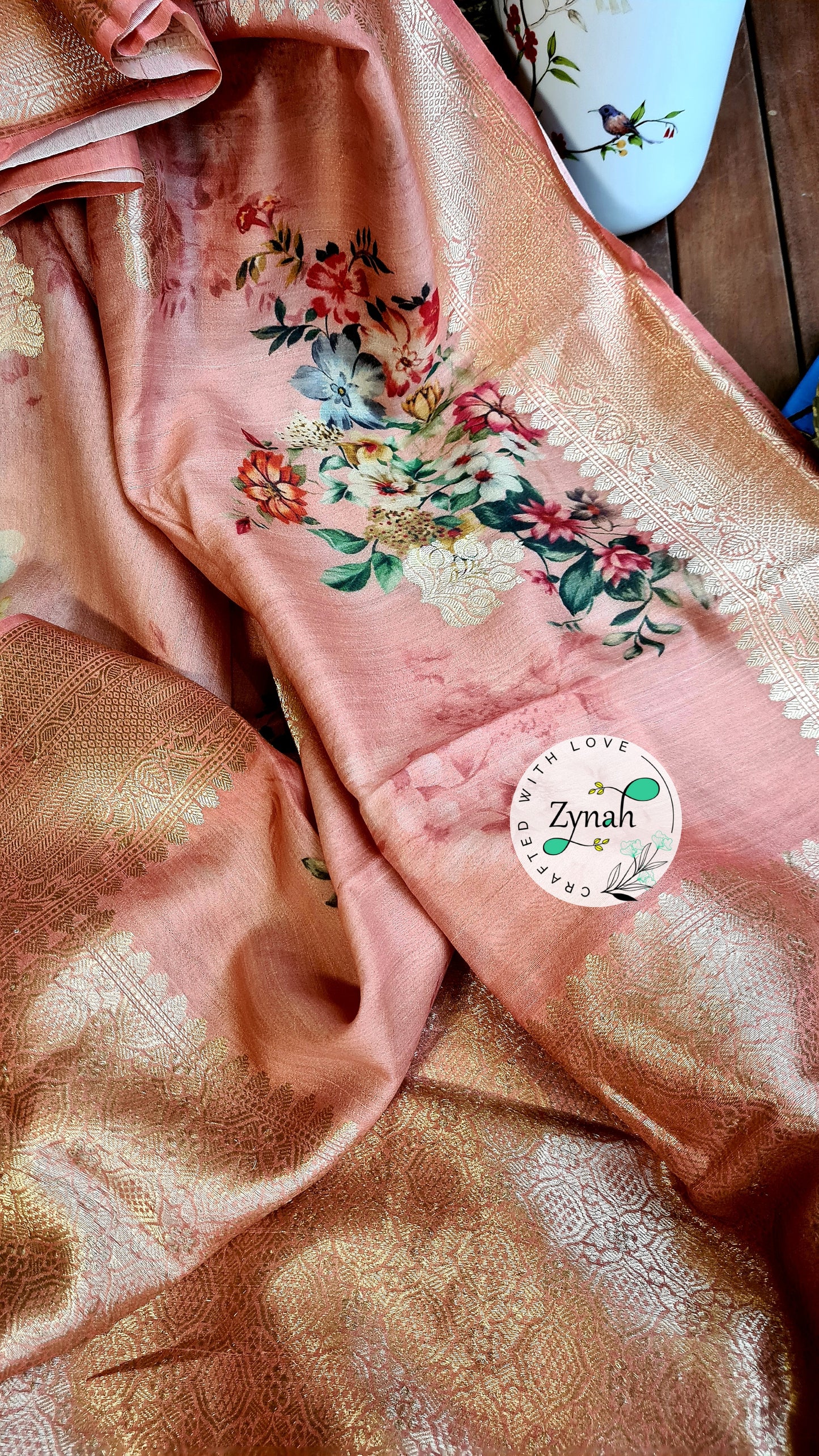 Zynah Pure Tussar Banarasi Silk Saree; Custom Stitched/Ready-made Blouse, Fall, Petticoat; Shipping available USA, Worldwide