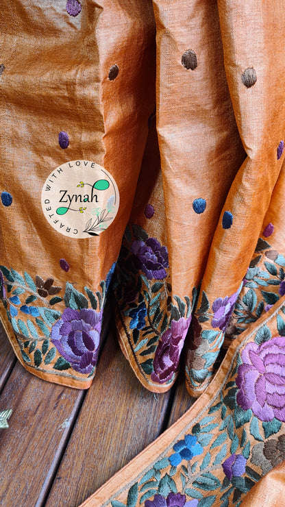 Zynah Made to Order Pure Tussar Silk Parsi Gara Handcrafted Saree; Custom Stitched/Ready-made Blouse, Fall, Petticoat; Shipping available USA, Worldwide