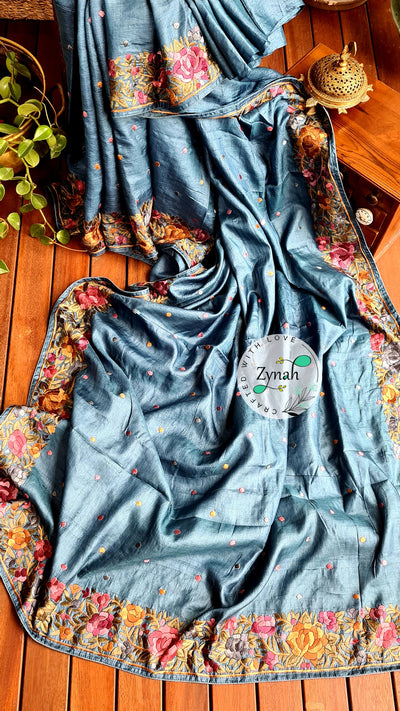 Zynah Made to Order Pure Tussar Silk Parsi Gara Handcrafted Saree; Custom Stitched/Ready-made Blouse, Fall, Petticoat; Shipping available USA, Worldwide