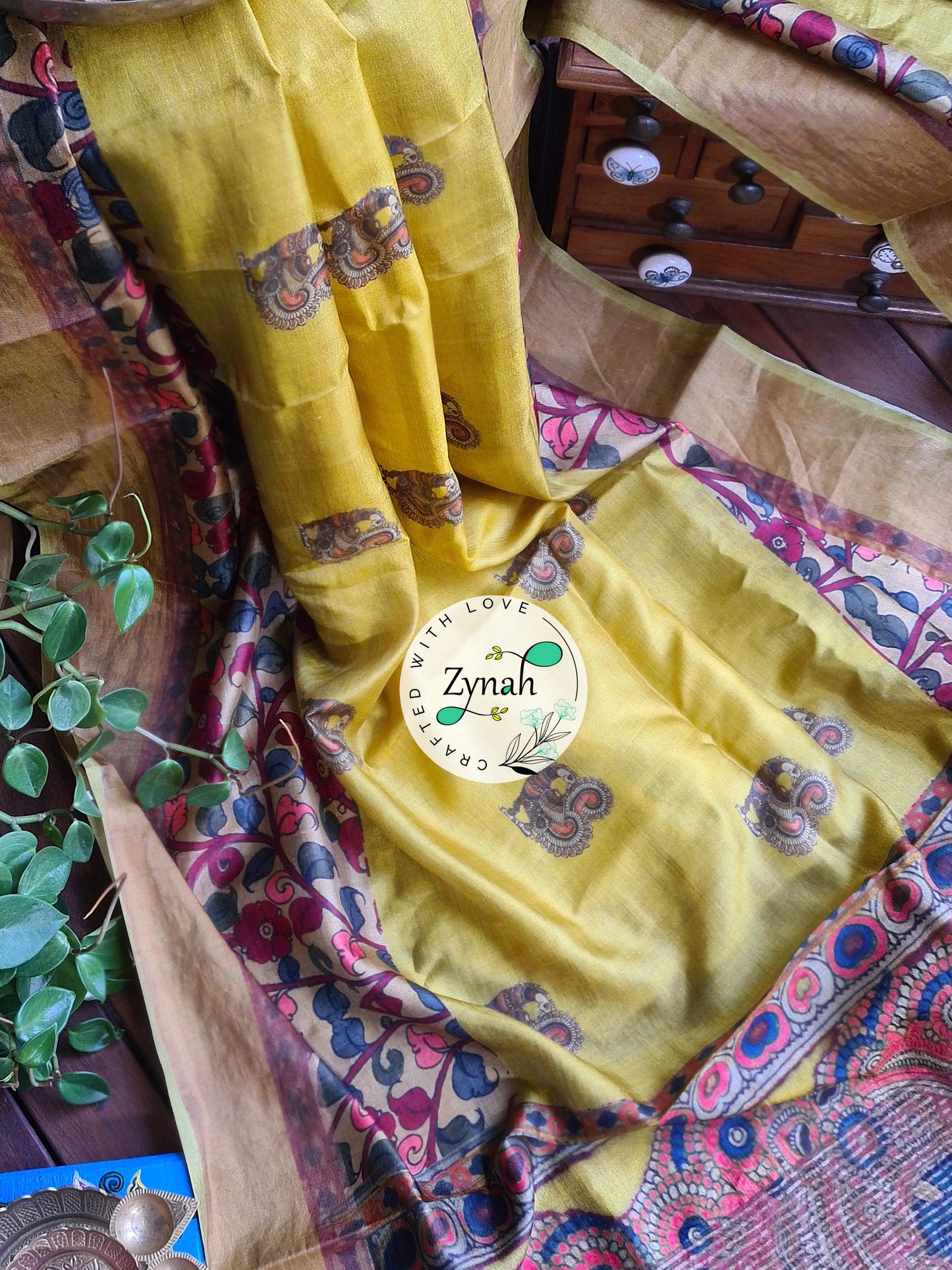 Zynah Pure Tussar Silk Saree with Digital Kalamkari Prints; Custom Stitched/Ready-made Blouse, Fall, Petticoat; Shipping available USA, Worldwide