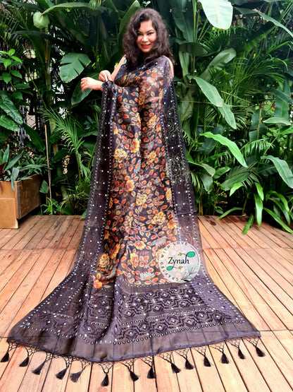 Zynah Pure Organza Silk Kalamkari Saree with Dhakai Jamdhani Thread Embroidery; Custom Stitched/Ready-made Blouse, Fall, Petticoat; Shipping available USA, Worldwide