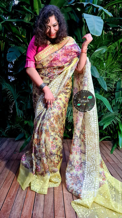 Zynah Pure Organza Silk Kalamkari Saree with Dhakai Jamdhani Thread Embroidery; Custom Stitched/Ready-made Blouse, Fall, Petticoat; Shipping available USA, Worldwide