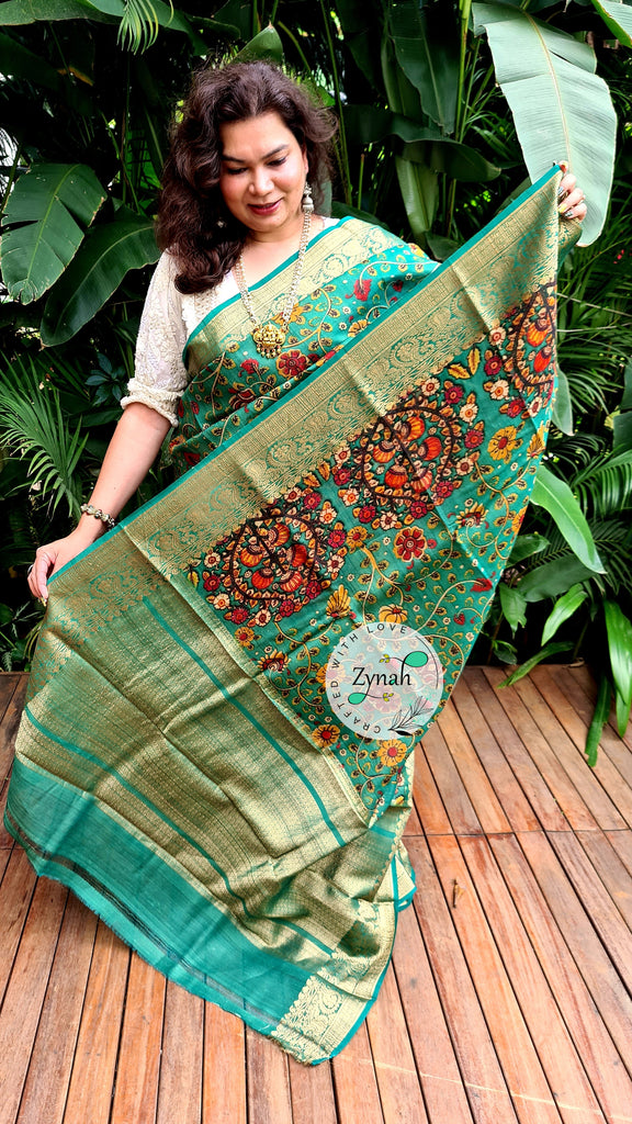 Zynah Pure Tussar Silk Banarasi Kalamkari Saree with Antique zari weave; Custom Stitched/Ready-made Blouse, Fall, Petticoat; Shipping available USA, Worldwide