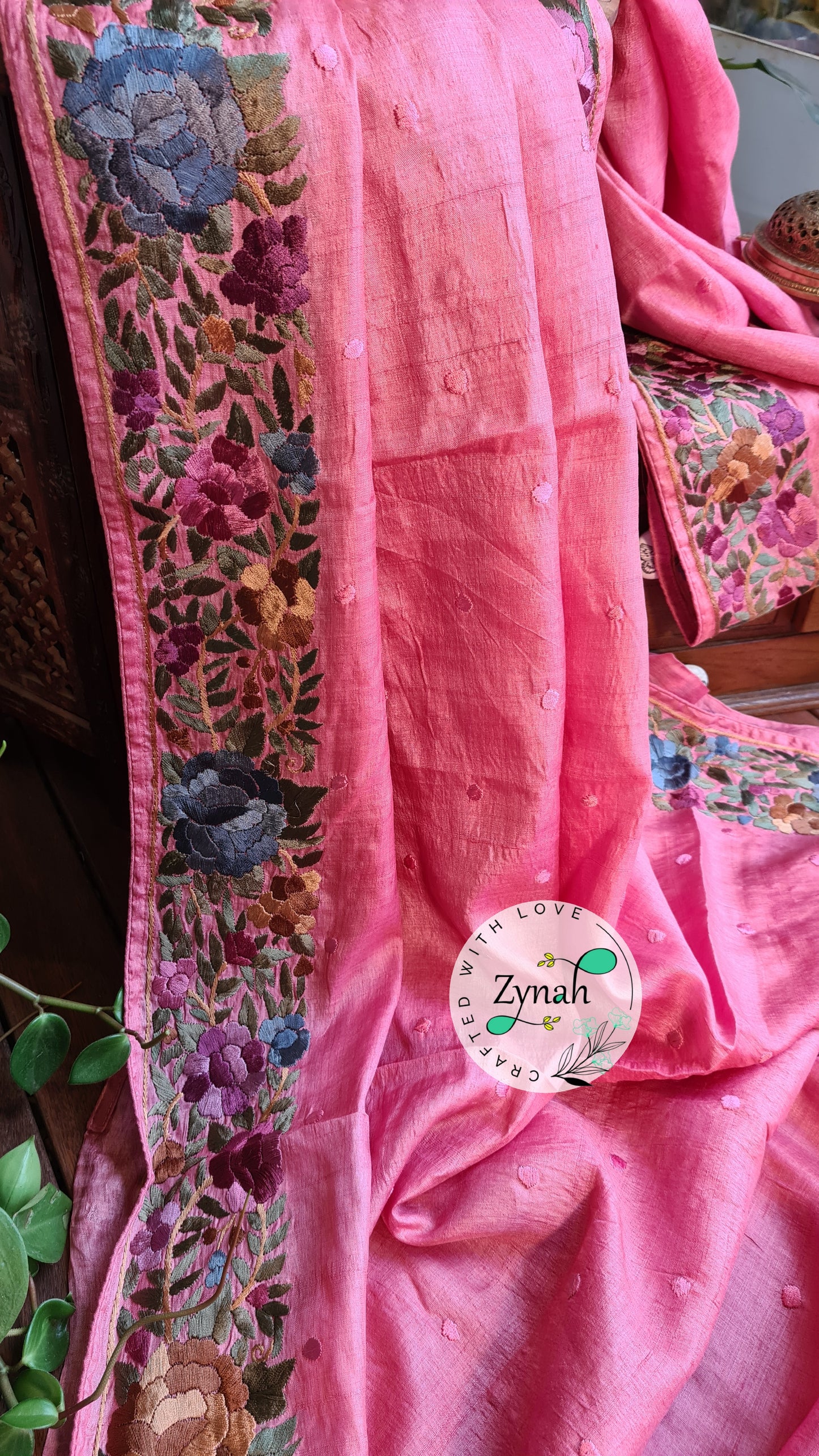 Zynah Made to Order Pure Tussar Silk Parsi Gara Handcrafted Saree; Custom Stitched/Ready-made Blouse, Fall, Petticoat; Shipping available USA, Worldwide