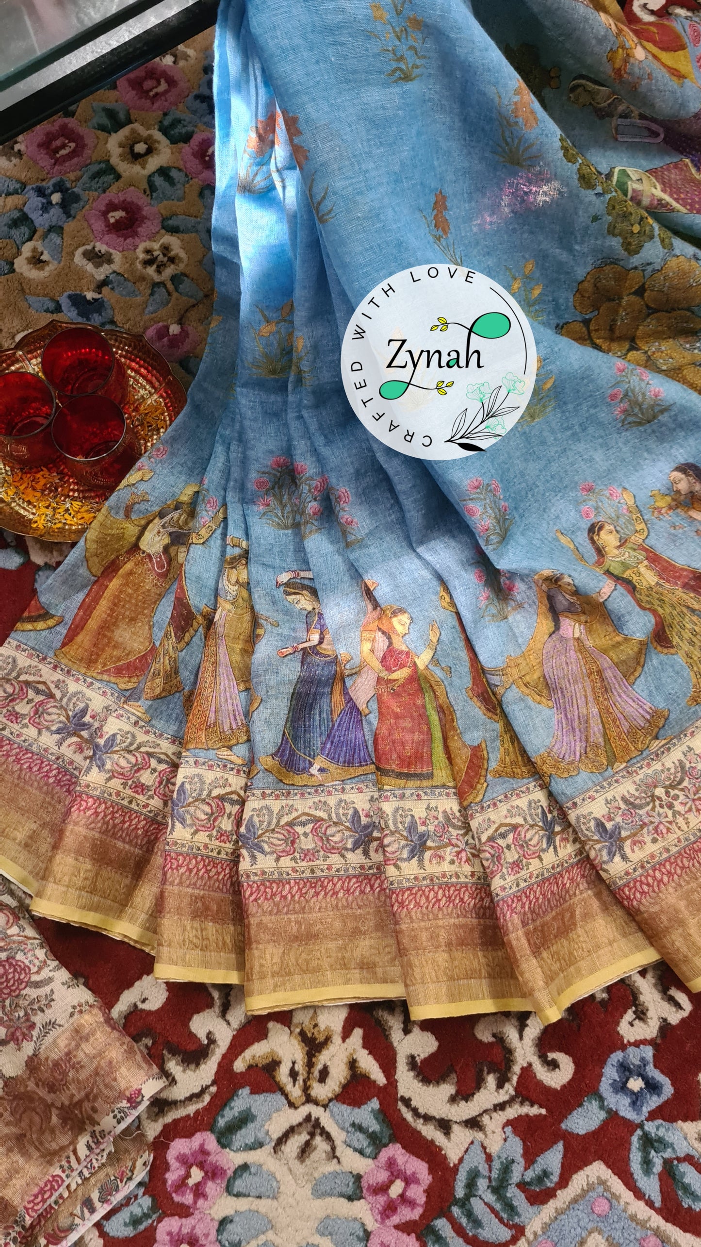 Zynah Organic Pure Linen by Linen(120c) Saree with Digital Kalamkari Prints; Custom Stitched/Ready-made Blouse, Fall, Petticoat; Shipping available USA, Worldwide