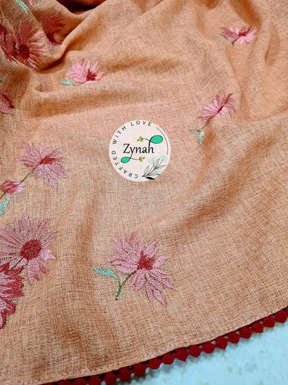 Zynah Pure Jute Muslin Embroidery Saree with Crochet lace; Custom Stitched/Ready-made Blouse, Fall, Petticoat; Shipping available USA, Worldwide