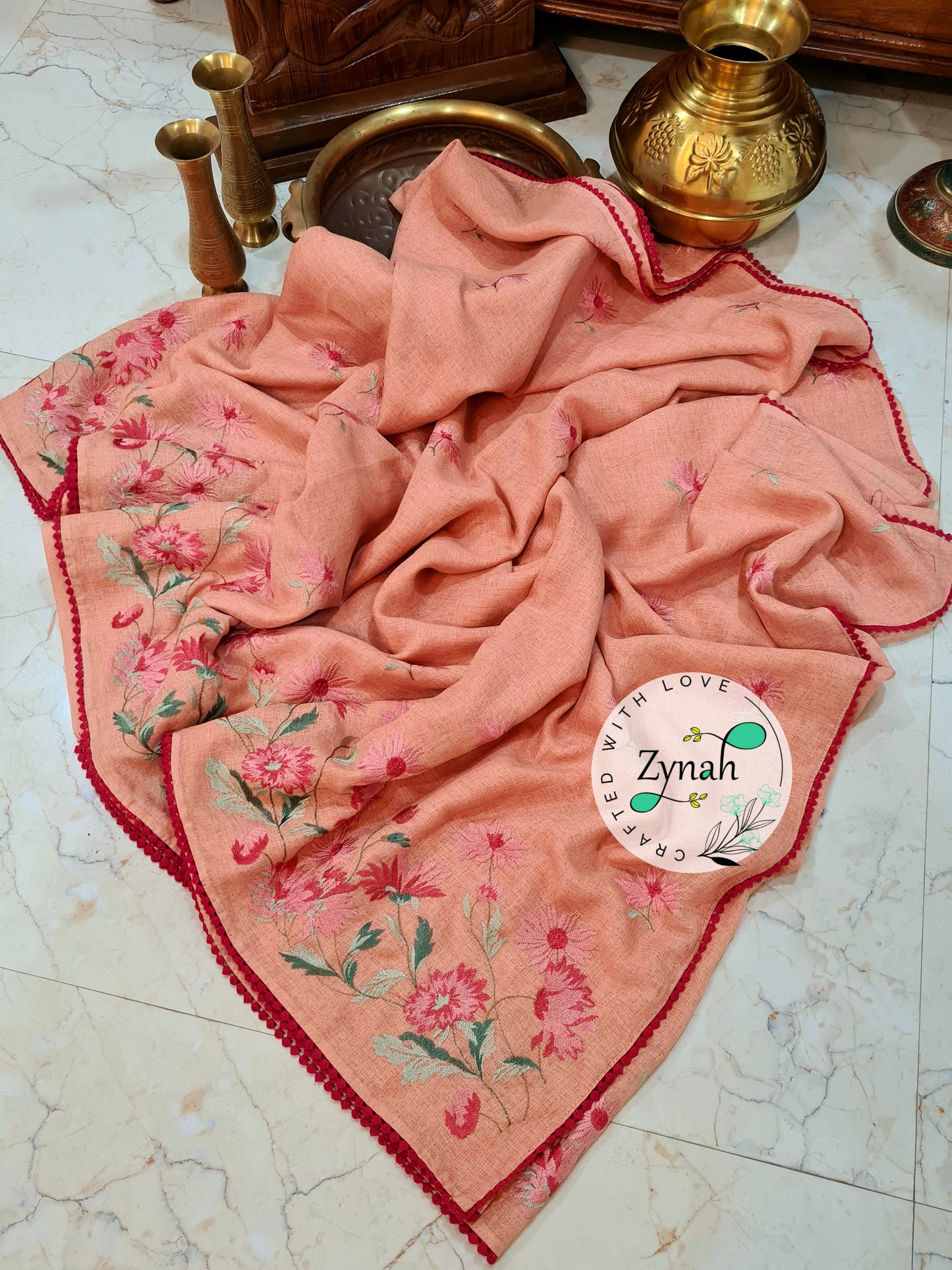 Zynah Pure Jute Muslin Embroidery Saree with Crochet lace; Custom Stitched/Ready-made Blouse, Fall, Petticoat; Shipping available USA, Worldwide