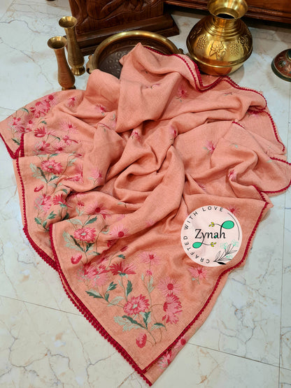 Zynah Pure Jute Muslin Embroidery Saree with Crochet lace; Custom Stitched/Ready-made Blouse, Fall, Petticoat; Shipping available USA, Worldwide