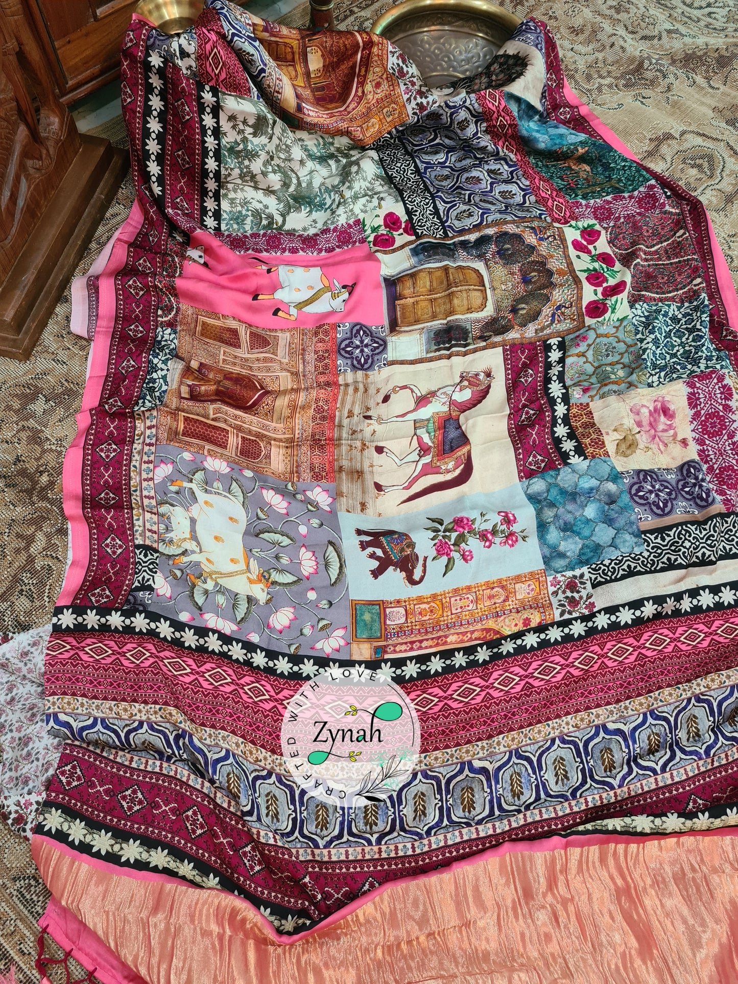 Zynah Pure Gajji Silk Pichwai Print Saree with tissue zari pallu; Custom Stitched/Ready-made Blouse, Fall, Petticoat; Shipping available USA, Worldwide
