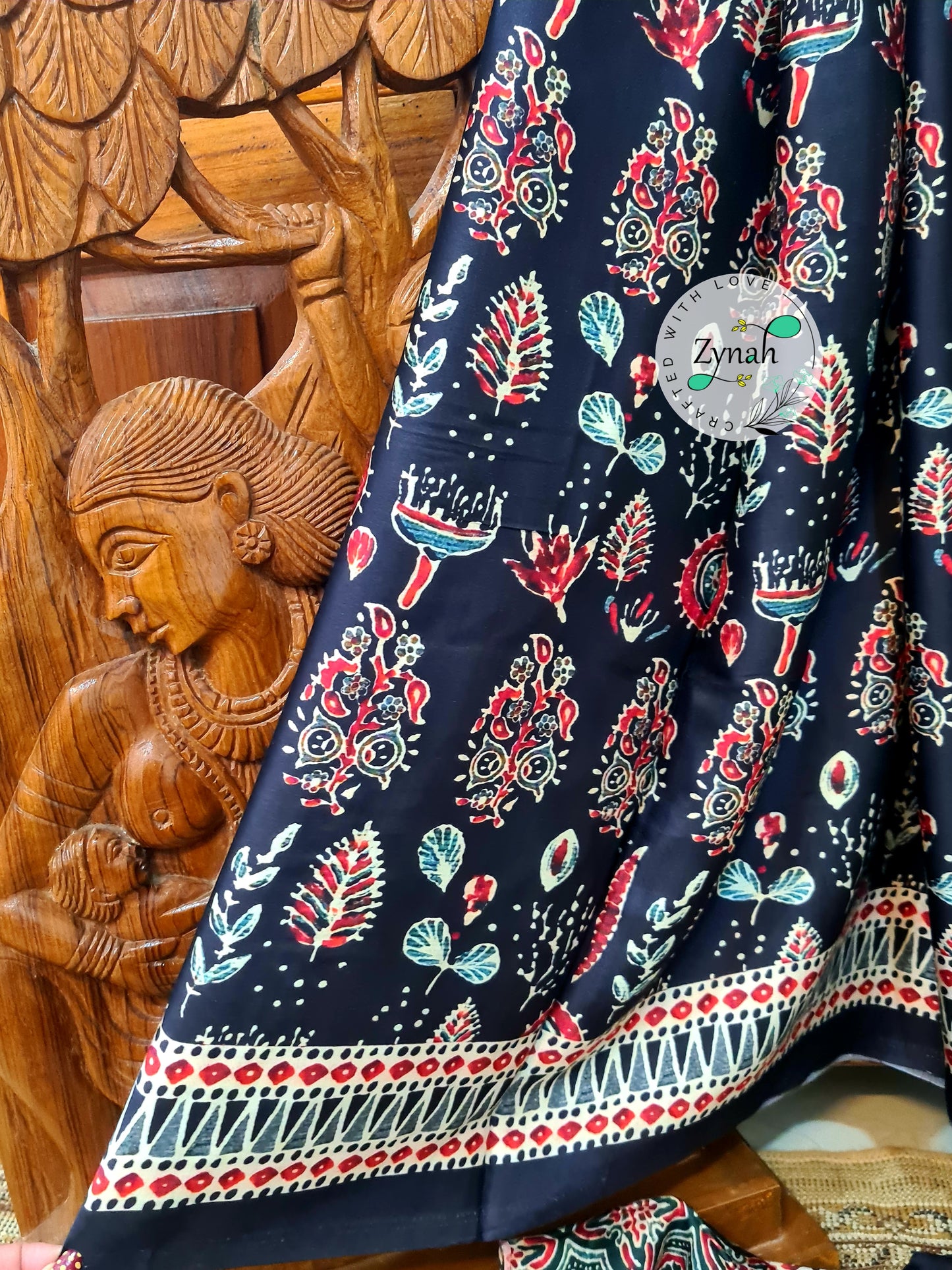 Zynah Pure Gajji Silk Ajrakh Saree with tissue zari pallu & Handblock Printed; Custom Stitched/Ready-made Blouse, Fall, Petticoat; Shipping available USA, Worldwide