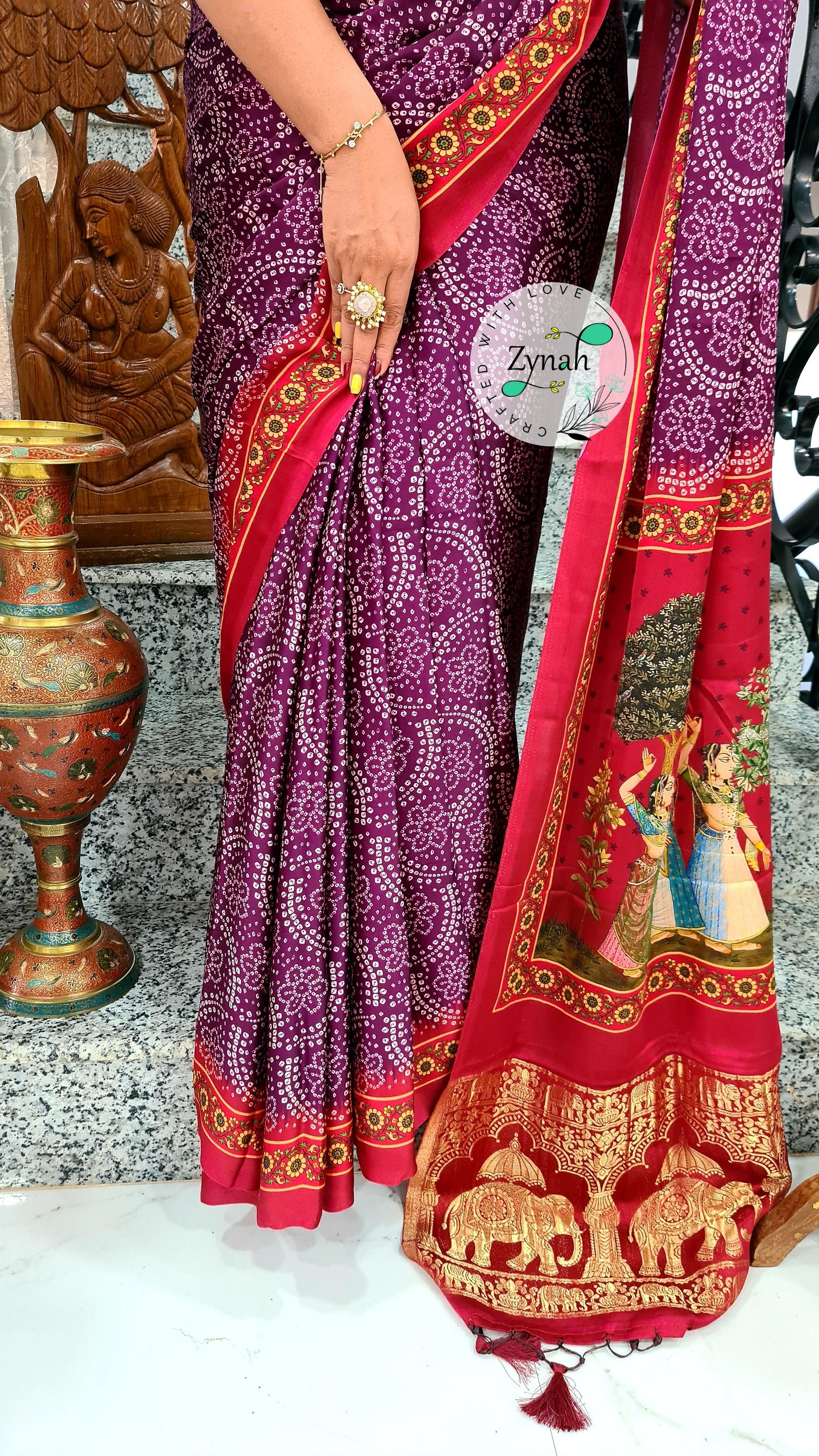 Zynah Pure Gajji Silk Saree with Bandhani & Pichwai Prints, Amdavadi Pallu; Custom Stitched/Ready-made Blouse, Fall, Petticoat; Shipping available USA, Worldwide
