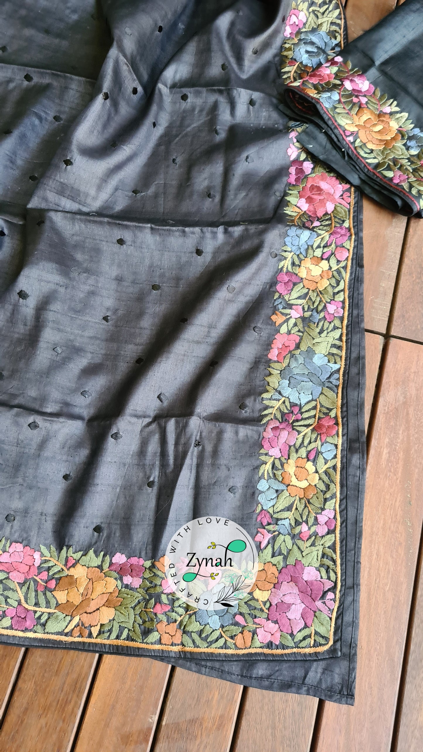 Zynah Made to Order Pure Tussar Silk Parsi Gara Handcrafted Saree; Custom Stitched/Ready-made Blouse, Fall, Petticoat; Shipping available USA, Worldwide