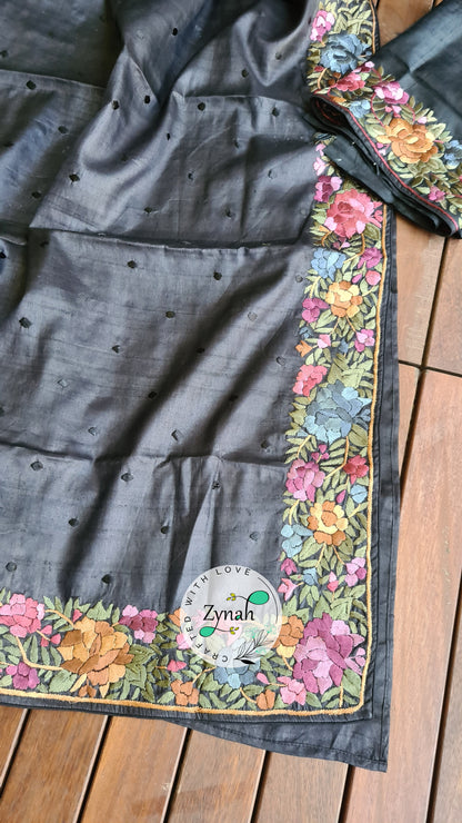 Zynah Made to Order Pure Tussar Silk Parsi Gara Handcrafted Saree; Custom Stitched/Ready-made Blouse, Fall, Petticoat; Shipping available USA, Worldwide