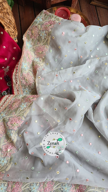 Zynah Pure Organza Silk Saree with Foil Mirror Work & Thread Embroidery; Custom Stitched/Ready-made Blouse, Fall, Petticoat; Shipping available USA, Worldwide
