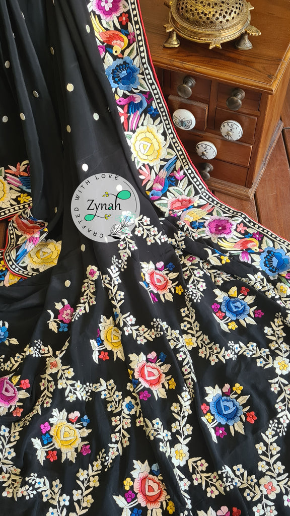 Zynah Pure Crepe Silk Parsi Gara Handcrafted Saree; Custom Stitched/Ready-made Blouse, Fall, Petticoat; Shipping available USA, Worldwide