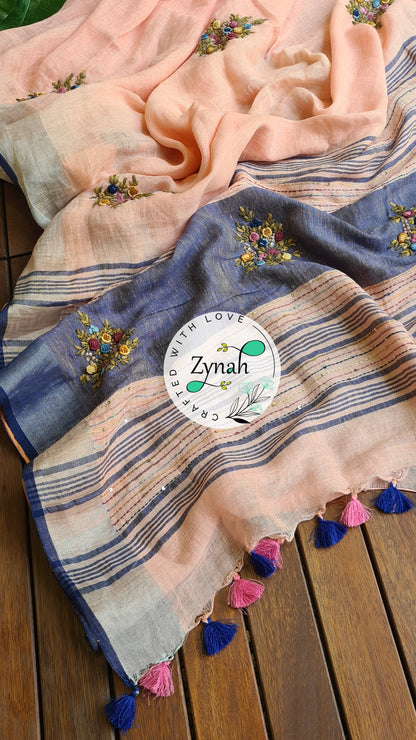 Zynah Pure Linen(120c) Handcrafted Saree with French Knot Hand Embroidery; Custom Stitched/Ready-made Blouse, Fall, Petticoat; Shipping available USA, Worldwide