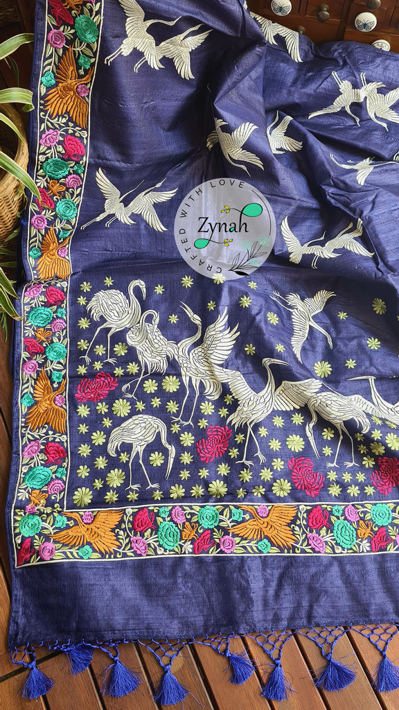 Zynah Pure Tussar Silk Parsi work Inspired Saree, Flamingo Bird Motifs; Custom Stitched/Ready-made Blouse, Fall, Petticoat; Shipping available USA, Worldwide